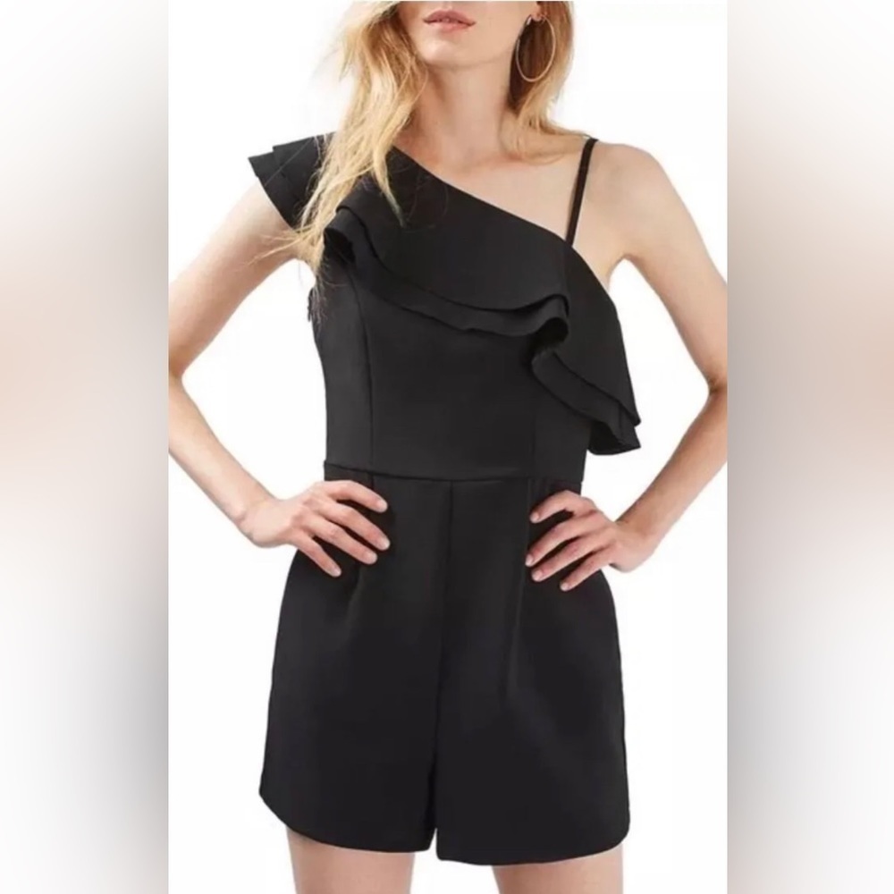 Topshop One Shoulder Black Ruffle Playsuit Romper. Size 4